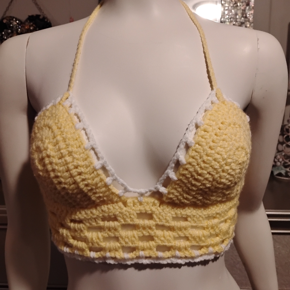 Yellow and White Crochet Halter Top